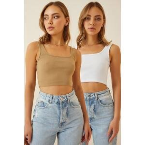Happiness İstanbul Women's Biscuit White Strappy Crop Double Pack Knitted Blouse