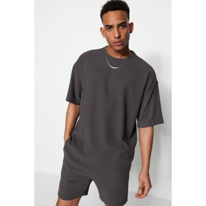 Trendyol Limited Edition Basic Men's Gray Oversize/Wide-Fit Textured Anti-Wrinkle Ottoman T-Shirt