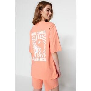 Trendyol Peach Unisex 100% Cotton Slogan Printed T-shirt-Shorts Knitted Pajama Set