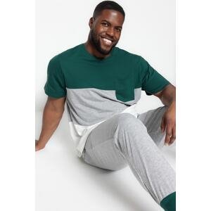 Trendyol Plus Size Emerald Green Men's Regular Fit Comfortable Paneled Knitted Pajamas Set