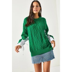Olalook Women's Emerald Green Poplin Detail Oversize Knitwear Sweater