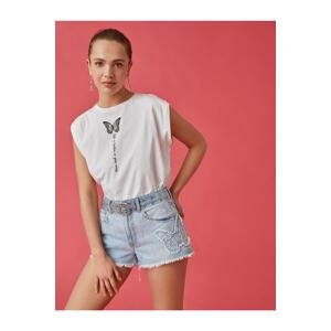 Koton Butterfly Embroidered Mini Denim Shorts