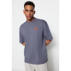 Trendyol Men's Oversize/Wide Fit Crew Neck Short Sleeve Fox Embroidered 1 Cotton T-Shirt
