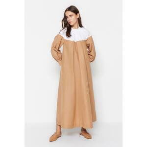 Trendyol Camel Color Block Gathering and Pocket Detail Wide Fit Cotton Woven Dress