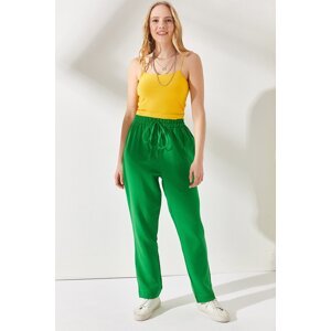 Olalook Women's Grass Green Elastic Waist Belted Muslin Trousers