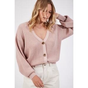Happiness İstanbul Women's Powder V-Neck Buttoned Knitwear Cardigan