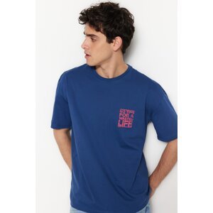 Trendyol Indigo Men's Relaxed/Comfortable Cut Crew Neck Text Printed T-Shirt