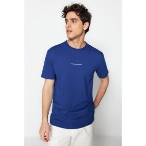 Trendyol Men's Indigo Regular/Normal Fit 100% Cotton Minimal Text Printed T-Shirt