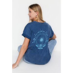 Trendyol Indigo 100% Cotton Faded Effect Back Printed Boyfriend Crew Neck Knitted T-Shirt