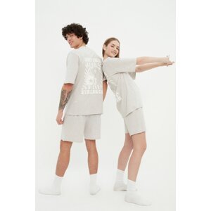 Trendyol Gray Unisex 100% Cotton Slogan Printed T-shirt-Shorts Knitted Pajama Set