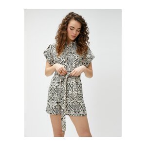 Koton Shorts Overalls Short Sleeved Buttons Ethnic Pattern with Belted Waist.