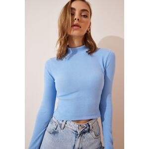 Happiness İstanbul Women's Sky Blue Corded Turtleneck Crop Knitted Blouse