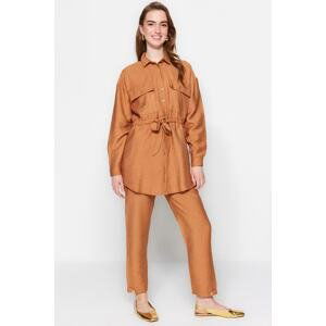 Trendyol Camel Belted Linen Look Shirt-Pants Suit