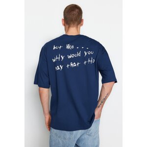 Trendyol Indigo Men's Oversize/Wide Cut Text Printed Short Sleeve 100% Cotton T-Shirt