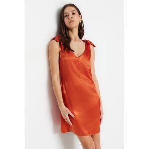 Trendyol Cinnamon A-Cut Satin V-Neck Mini Woven Dress