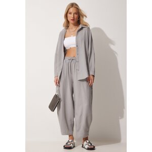 Happiness İstanbul Women's Gray Linen Shirt Shalwar Trousers Suit