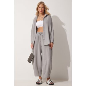 Happiness İstanbul Women's Gray Linen Shirt & Shalwar Pant Suit