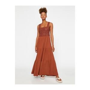 Koton Long Dress with Crochet Detail and Straps Square Neck