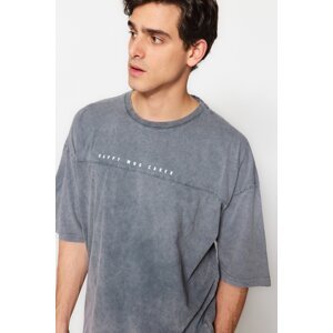 Trendyol Anthracite Men's Oversize/Wide-Fit Weathered/Faded Effect Text Printed Stitched 100% Cotton T-Shirt