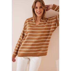 Happiness İstanbul Women's Dark Biscuit Polo Neck Striped Knitwear Sweater