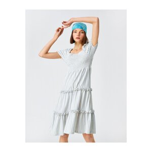 Koton Midi Dress Striped Ruffle U Neck Short Sleeve Cotton