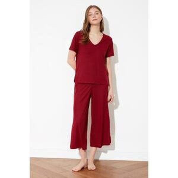 Trendyol Burgundy Corded Cotton Knitted Pajama Set