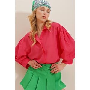 Trend Alaçatı Stili Women's Fuchsia Balloon Sleeve Concealed Poplin Basic Poplin Shirt