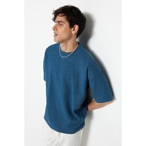 Trendyol Men's Basic Indigo Oversize/Wide-Fit Textured Waffle Short Sleeve T-Shirt