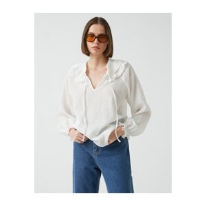 Koton Frill and Lace-Up Court Collar Long Sleeve Blouse
