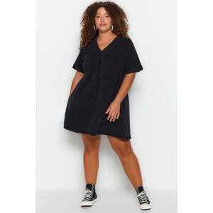 Trendyol Curve Anthracite Waist Drop/Skater V-Neck Denim Dress