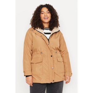 Trendyol Curve Light Brown Hooded Coat with snap fastener detail and pocket inside plush coat