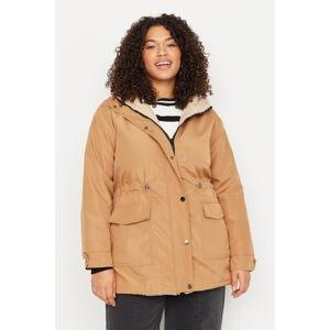 Trendyol Curve Light Brown Hooded Snap Detailed Pocket Plush Coat