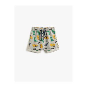 Koton Dinosaur Printed Shorts with Tie Waist and Turned-Up Legs