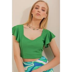 Trend Alaçatı Stili Women's Green V-Neck Frilly Sleeves Crop Blouse