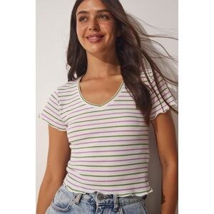 Happiness İstanbul Women's Green Ecru Striped V Neck Crop Knitted T-Shirt