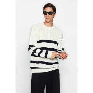 Trendyol Ecru Unisex Oversize Fit Wide Fit Hair Knit Striped Non-Pilling Knitwear Sweater