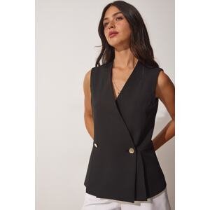 Happiness İstanbul Women's Black Double Breasted Buttoned Woven Vest