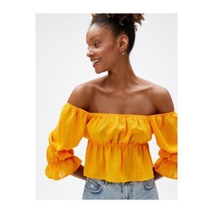 Koton Off-the-Shoulder Blouse with Shirring Details, Textured Half Sleeves.