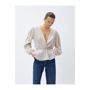 Koton V-Neck Balloon Sleeve Blouse with Gathered Waist