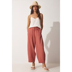 Happiness İstanbul Women's Dusty Rose Pocket Linen Viscose Shalwar Trousers