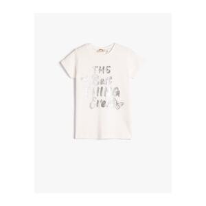 Koton T-Shirt with a Shiny Print Ribbed Short Sleeves Crew Neck Cotton