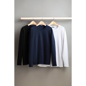 Trendyol Black-White-Navy Blue Men's Regular/Normal Cut Long Sleeve 3-Piece Basic Package T-Shirt