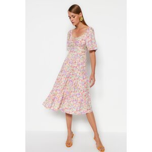 Trendyol Mint A-Line Balloon Sleeve Floral Patterned Midi Woven Dress