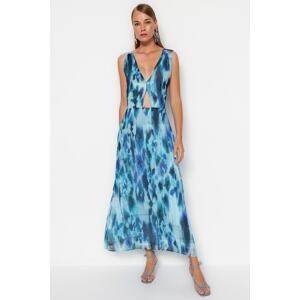Trendyol Blue Cut Out Detailed V-Neck Patterned A-Line/A-Line Formal Maxi Lined Woven Dress