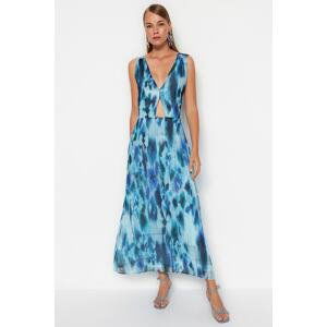 Trendyol Blue Cut Out Detailed V-neck Patterned A-line/Bell Form Maxi Lined Woven Dress