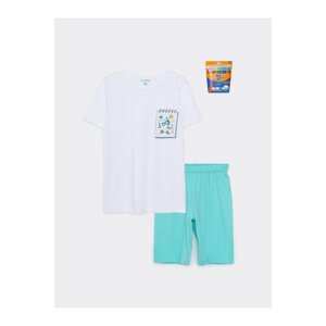 LC Waikiki Crew Neck Printed Short Sleeve Boys' Shorts Pajamas Set And Crayons