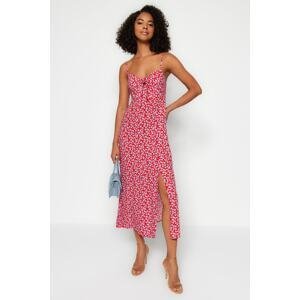 Trendyol Red Patterned Tie Detailed Strappy Heart Neck Slit Midi Woven Dress
