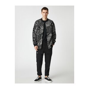 Koton Bomber Jacket with Snap Buttons, Shawl Pattern, Zipper Detail