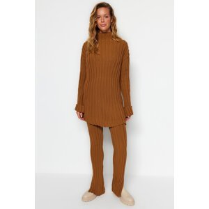 Trendyol Brown Ribbed Basic Trousers Knitwear Two Piece Set