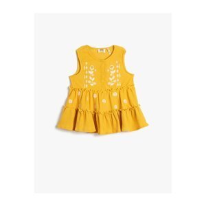 Koton Sleeveless T-Shirt with Floral Embroidery Detail, Ruffles, Loose Cut